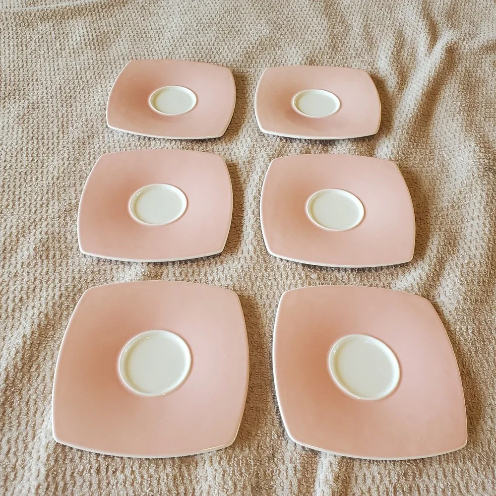 Karaca Fine Bone China Porcelain 6 Saucers Square Pink‎ & White Limited Ed